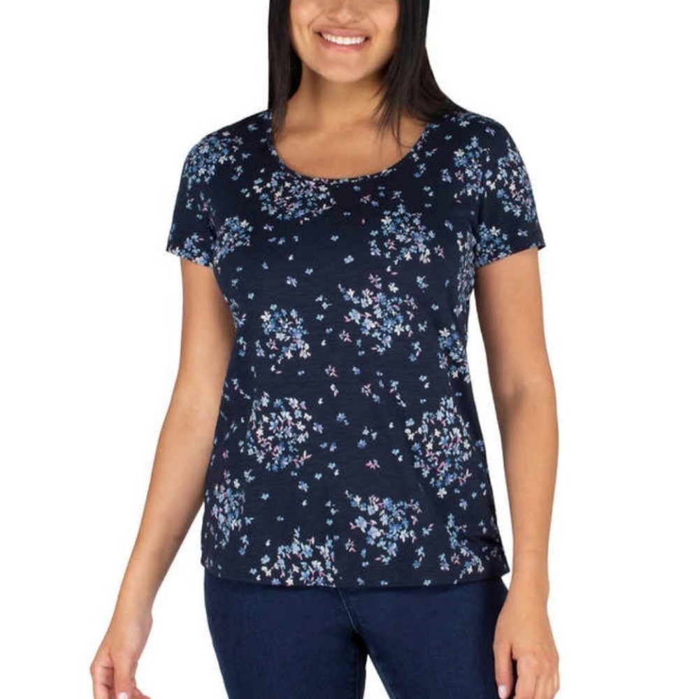 Nwt NICOLE MILLER Printed Slub Knit T-Shirt Blue Floral Size Small Womens